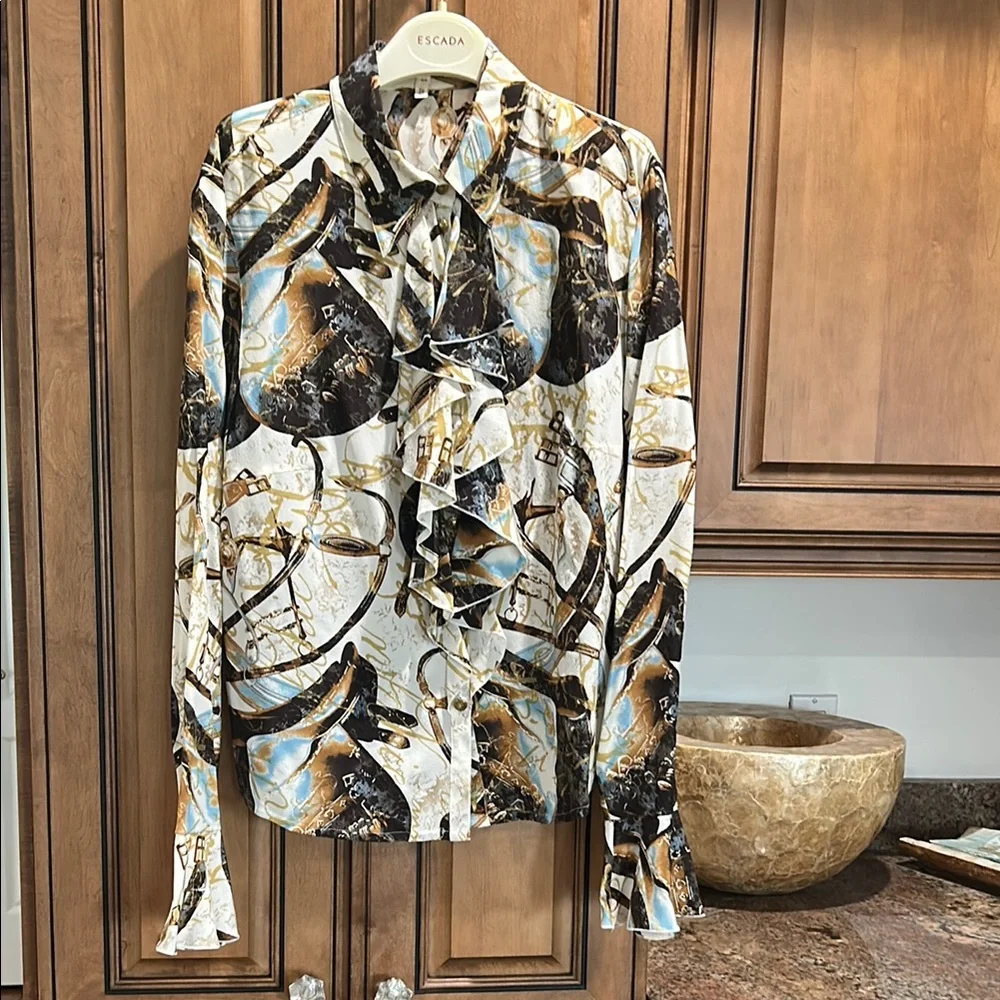 Escada Multicolor Abstract button down blouse with ruffle details. Size 44/L - Picture 1 of 10